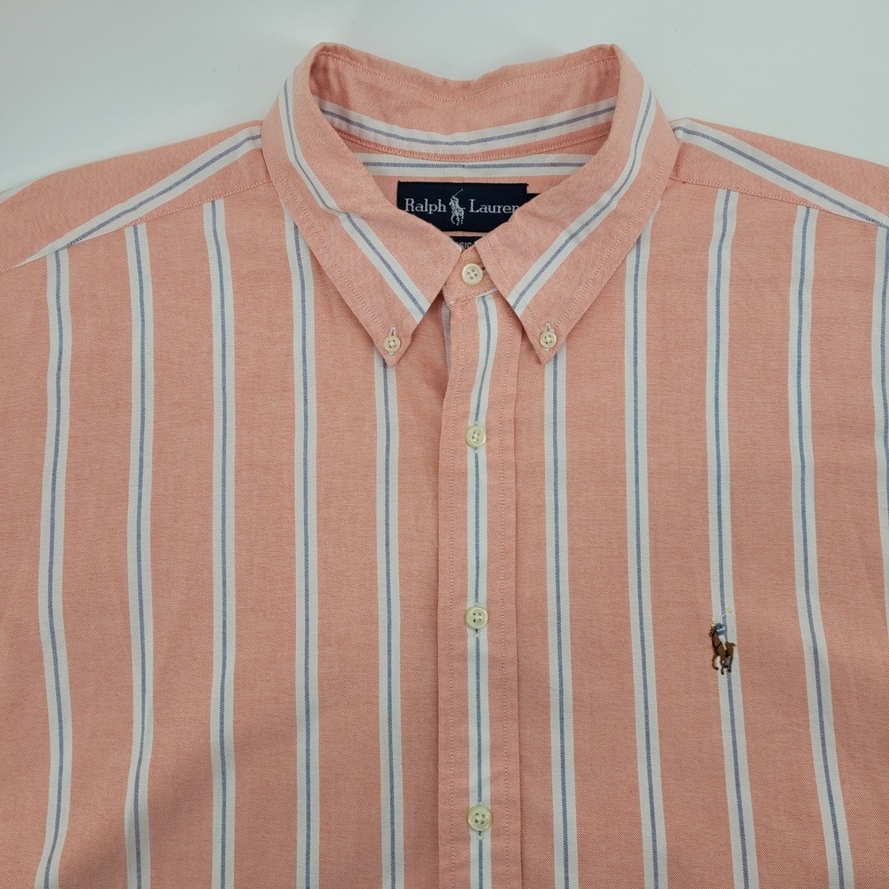 Ralph Lauren Mens XXL Classic Fit Striped Preppy Oxford Salmon Pink Short Sleeve